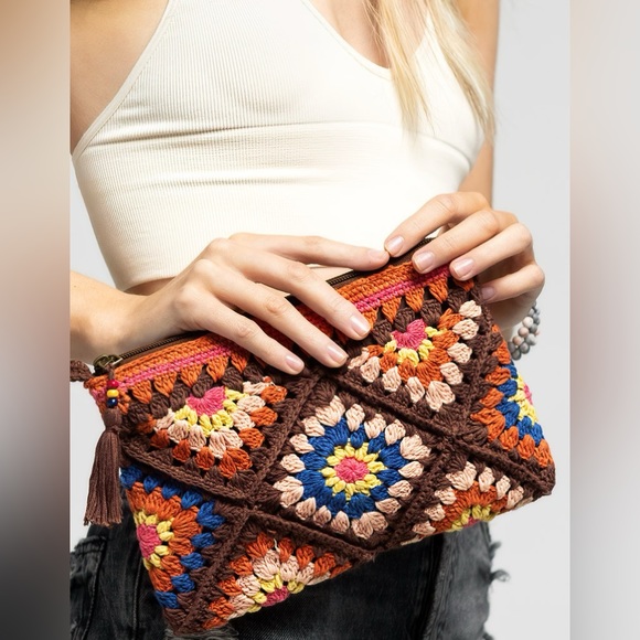 Crochet Handmade brown beaded beaded boho bohemian zip clutch purse tote - Picture 7 of 7